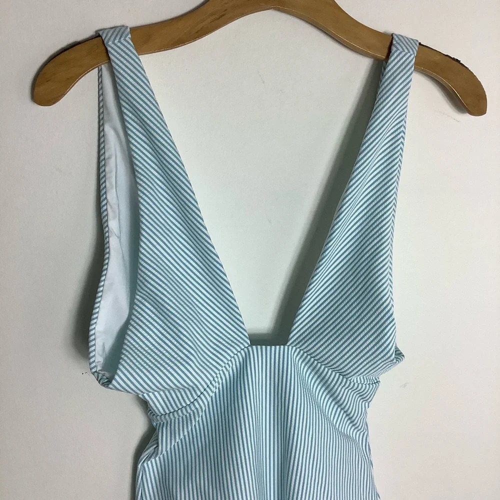 Onia Deep Vee Seersucker Blue one piece Swimsuit